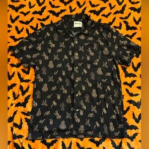 Black Button-up Short Sleeve All-Over Print, 2XL